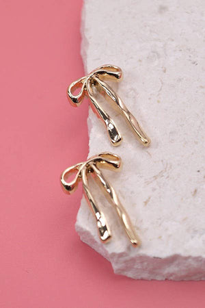 GOLD LONG BOW RIBBON STUD EARRINGS