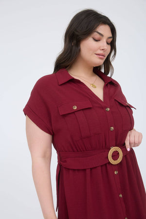 PLUS COLLARED BUTTON DOWN BELTED MIDI DRESS: BLACK