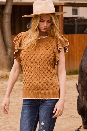 Solid Cable Knit Ruffle Sleeve Sweater in Navy S-3XL