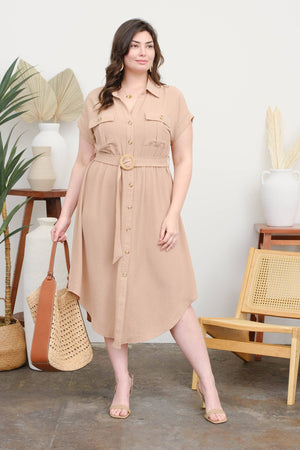 PLUS COLLARED BUTTON DOWN BELTED MIDI DRESS: BLACK