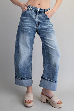 Cuffed Hem Wide Leg  Utility Jeans