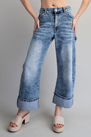 Cuffed Hem Wide Leg  Utility Jeans