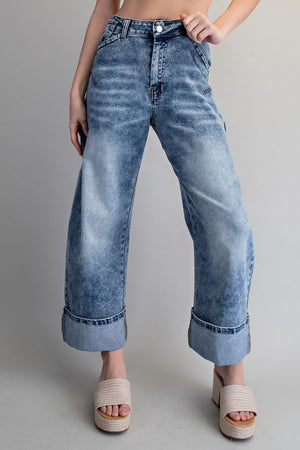 Cuffed Hem Wide Leg  Utility Jeans