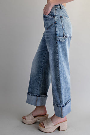 Cuffed Hem Wide Leg  Utility Jeans