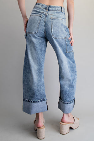 Cuffed Hem Wide Leg  Utility Jeans