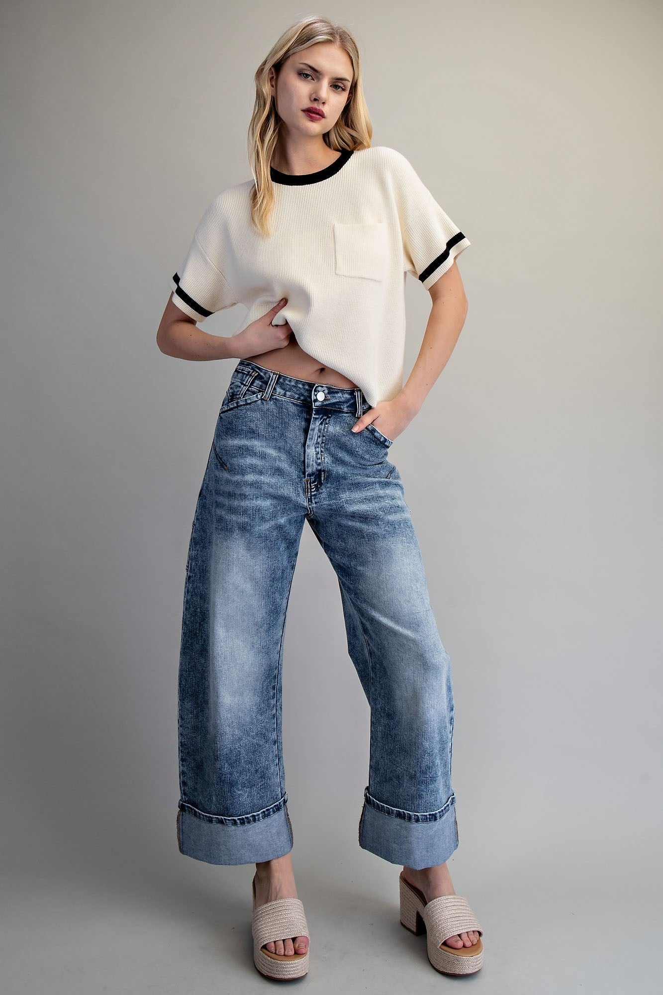 Cuffed Hem Wide Leg  Utility Jeans