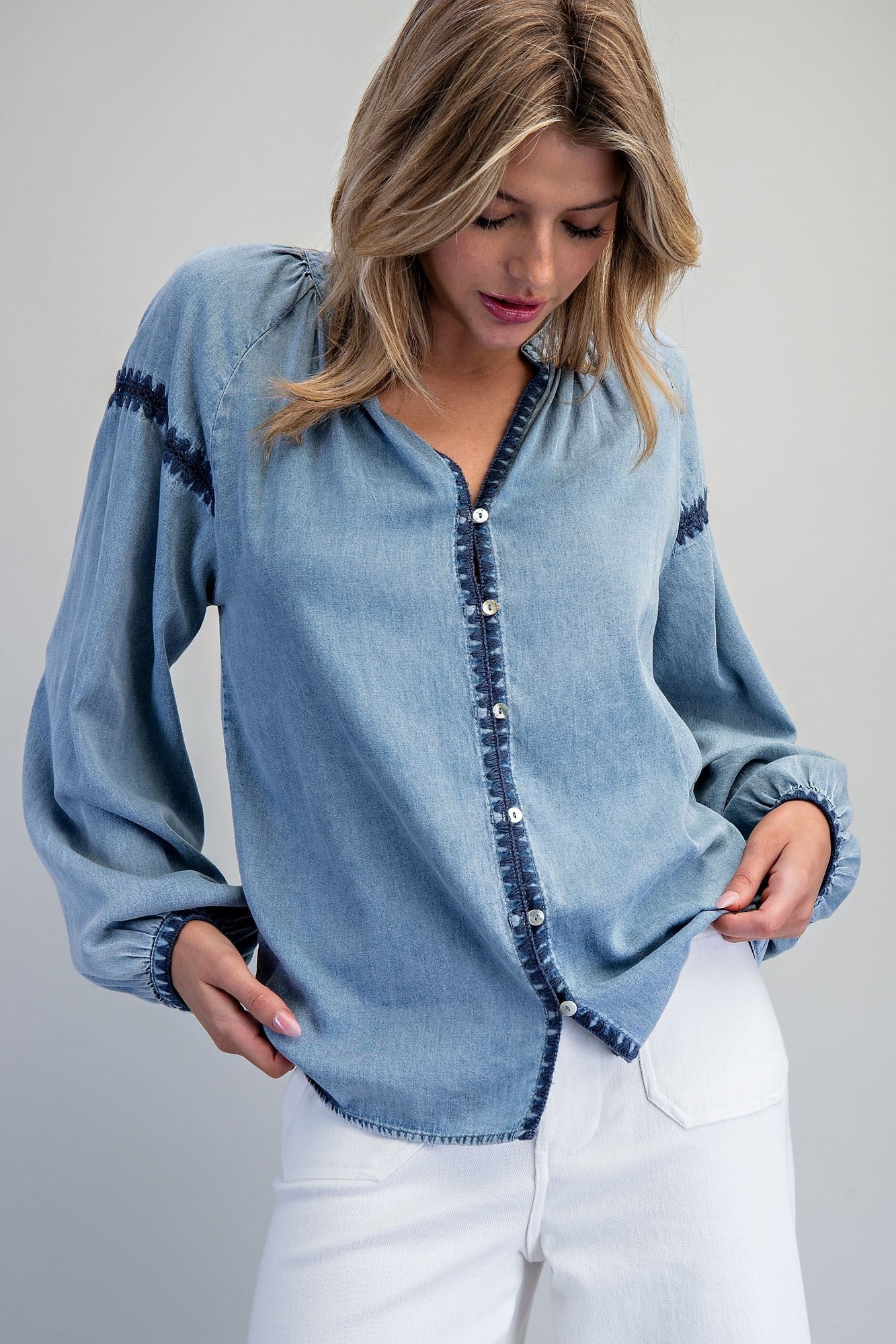 Embroidered Balloon Sleeve Denim Blouse