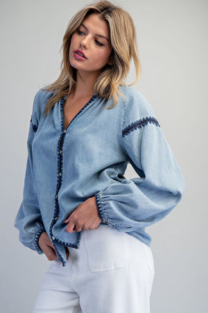 Embroidered Balloon Sleeve Denim Blouse