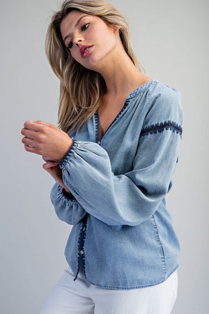 Embroidered Balloon Sleeve Denim Blouse