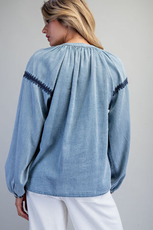 Embroidered Balloon Sleeve Denim Blouse