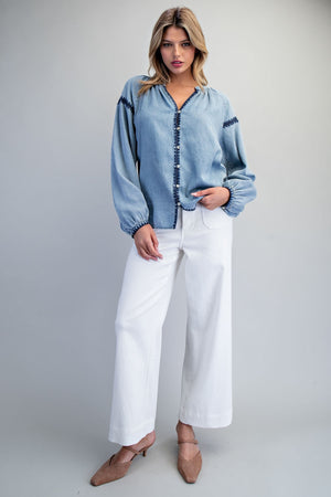 Embroidered Balloon Sleeve Denim Blouse