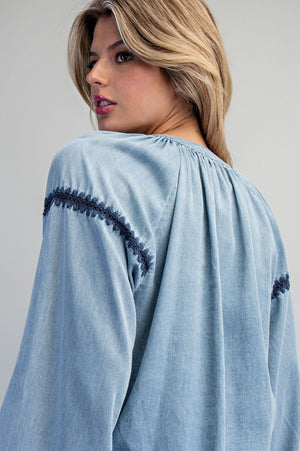 Embroidered Balloon Sleeve Denim Blouse
