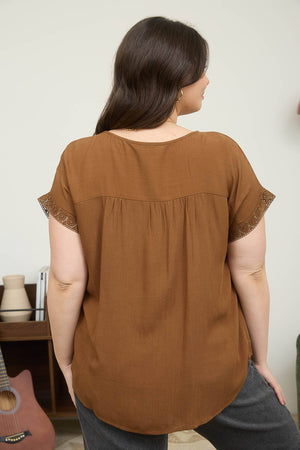 PLUS LACE TRIM PLEATED YOKE SHORT SLEEVE TOP : DUSTY TEAL