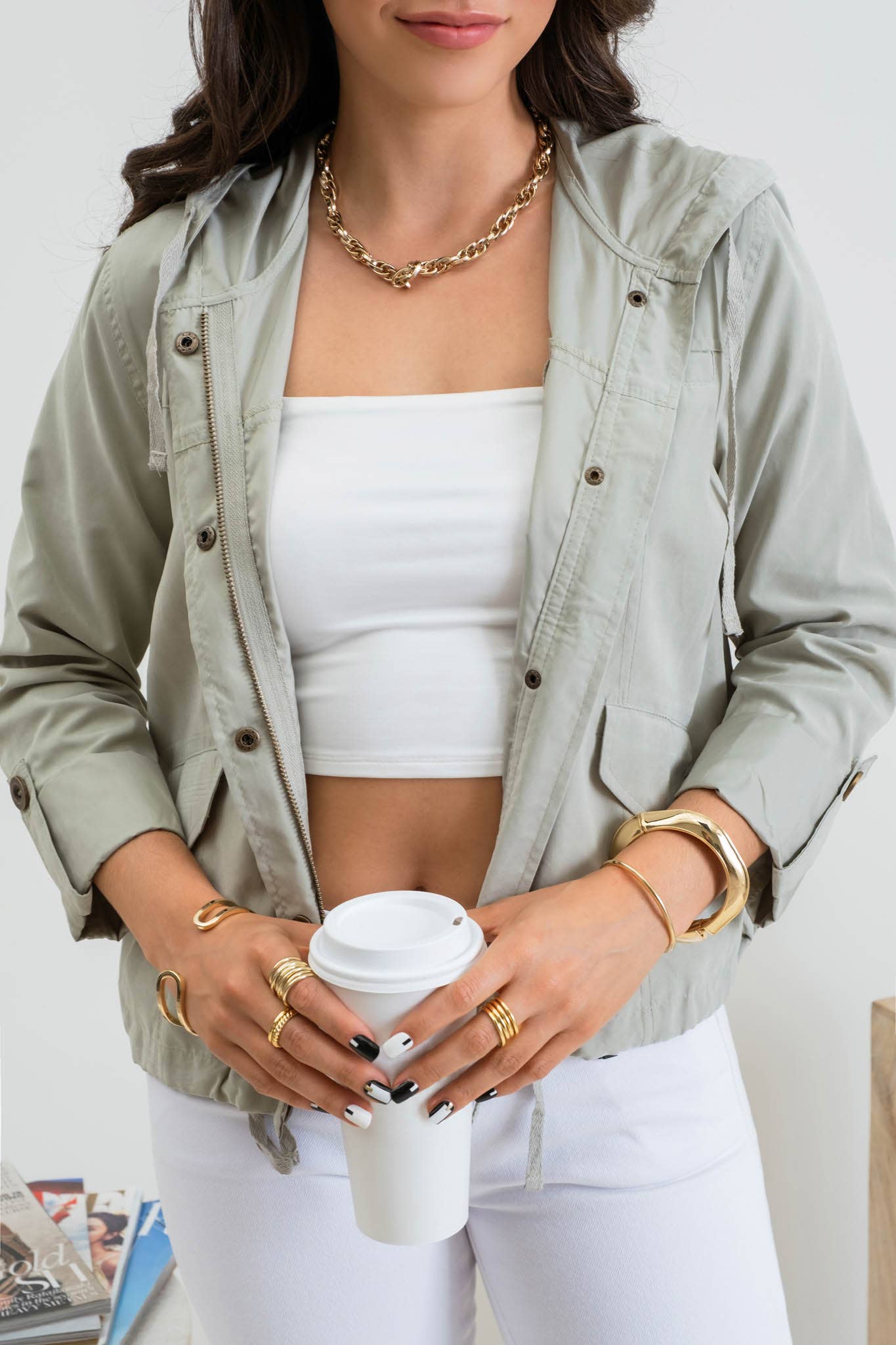 PLUS SNAP BUTTON ZIP UP HOODED JACKET: LIGHT OLIVE