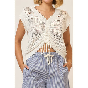 Open Knit Ruched Center V Neck Short Sleeve Top: Camel