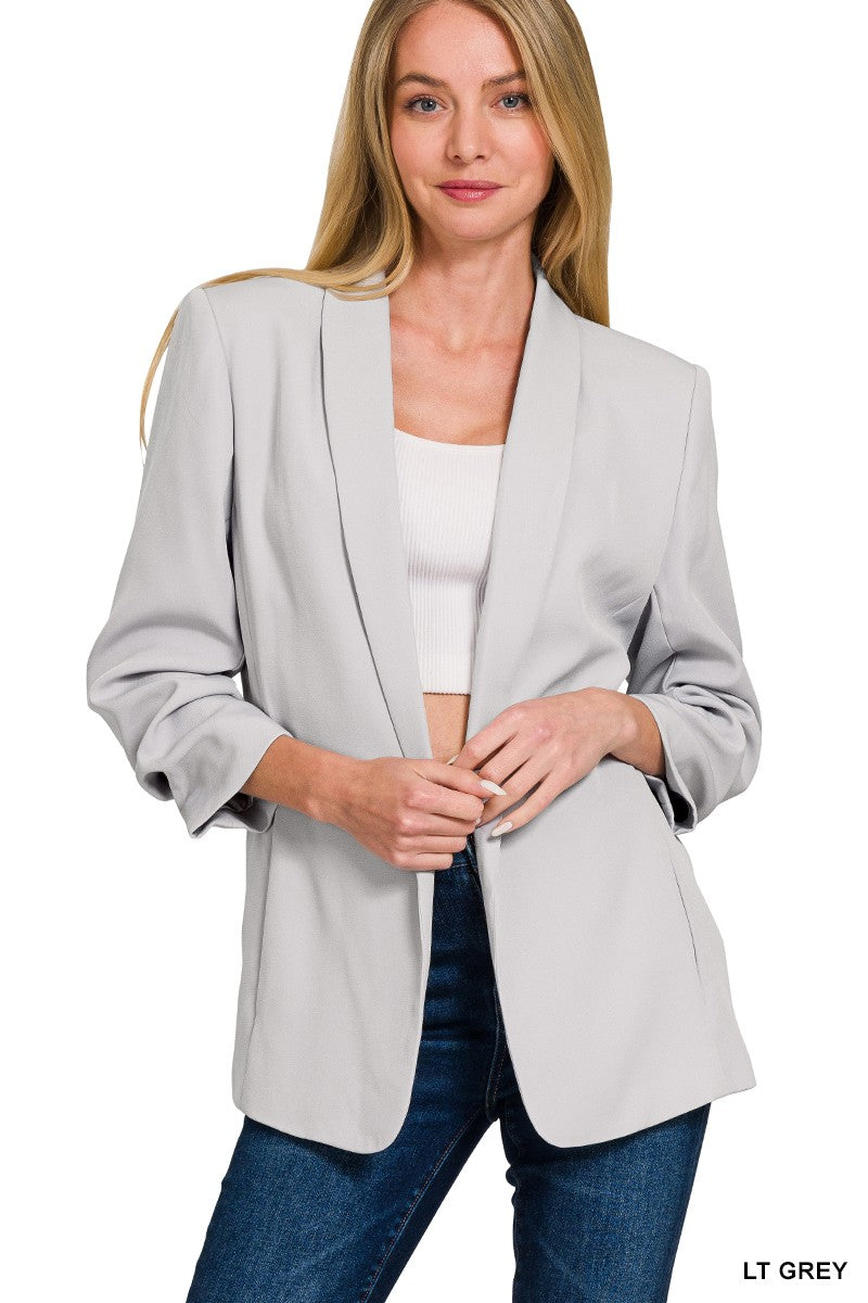 Ruched 3/4 Sleeve Open Front Blazer