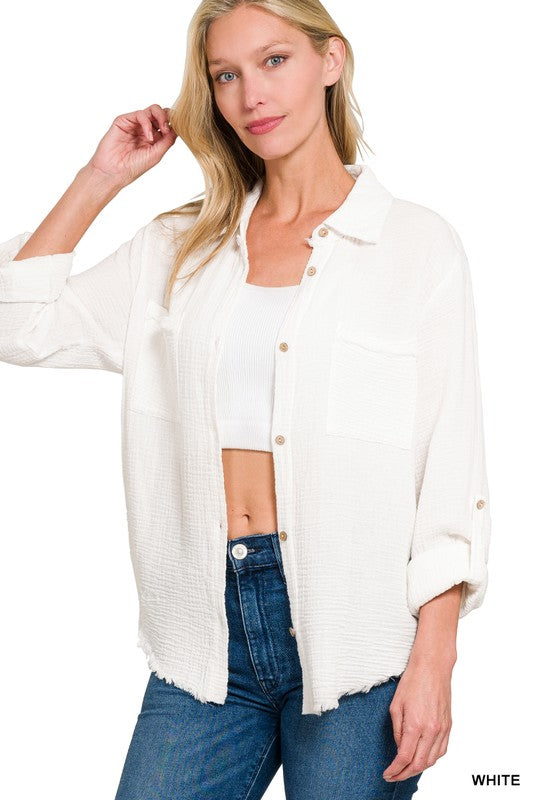 Double Gauze Button Down Roll-up Long Sleeve Shirt in White
