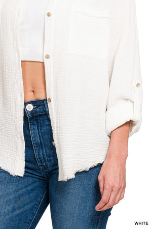 Double Gauze Button Down Roll-up Long Sleeve Shirt in White