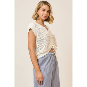 Open Knit Ruched Center V Neck Short Sleeve Top: Camel