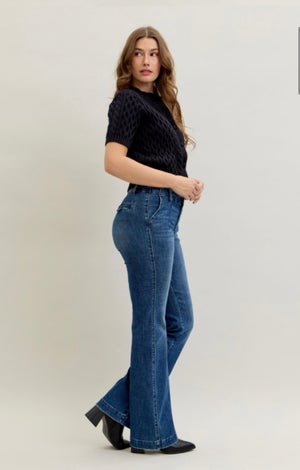 Judy Blue High Waisted Flares with Pin Tuck Detail