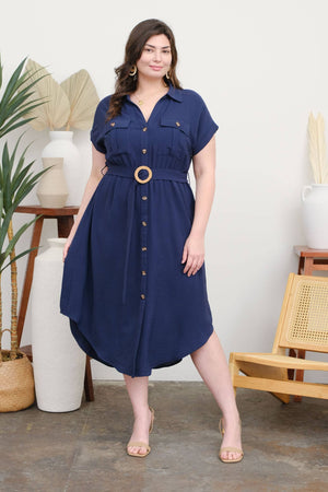 PLUS COLLARED BUTTON DOWN BELTED MIDI DRESS: BLACK