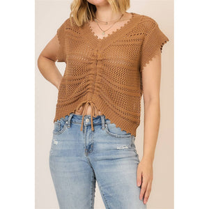 Open Knit Ruched Center V Neck Short Sleeve Top: Camel