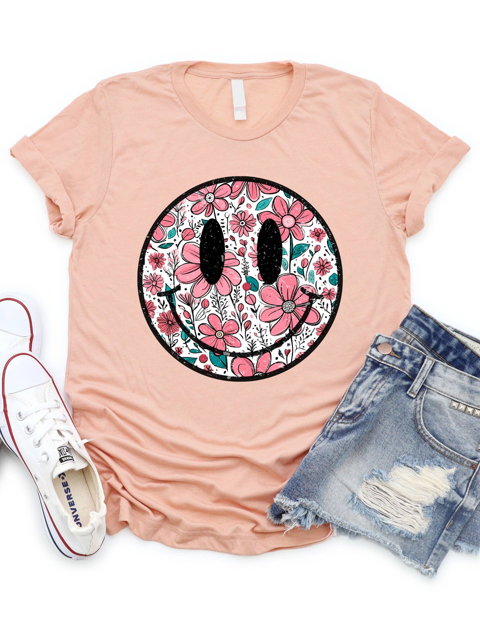 Floral Smiley Graphic Tee in Peach