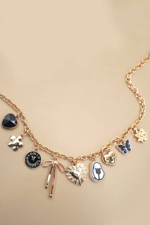 CHARM NECKLACE-HEART CLOCK BOW LOCK CHARMS