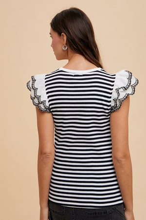 The Kacey Flutter Sleeve Rib Knit Top - Black and White