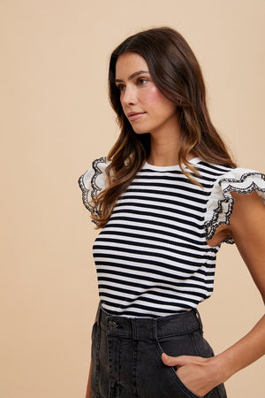 The Kacey Flutter Sleeve Rib Knit Top - Black and White