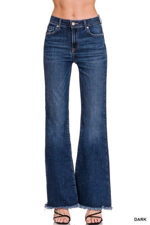 Zenana High Rise Bell Bottom Jeans With Frayed Hem In Dark Wash
