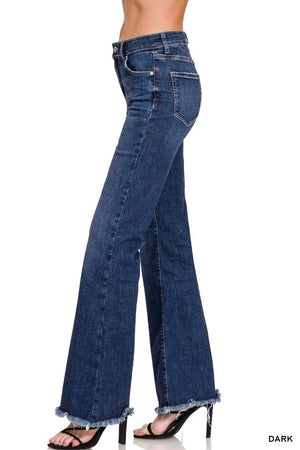 Zenana High Rise Bell Bottom Jeans With Frayed Hem In Dark Wash