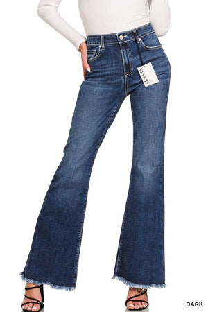 Zenana High Rise Bell Bottom Jeans With Frayed Hem In Dark Wash