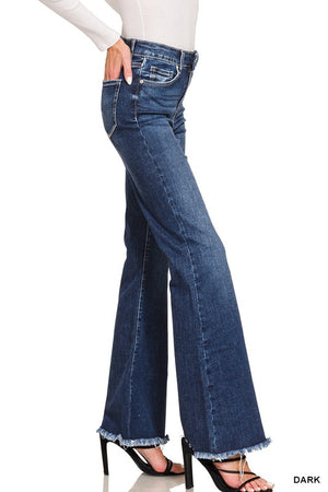 Zenana High Rise Bell Bottom Jeans With Frayed Hem In Dark Wash