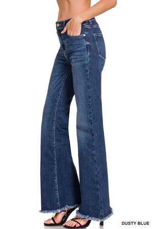 Zenana High Rise Bell Bottom Jeans With Frayed Hem In Dark Wash