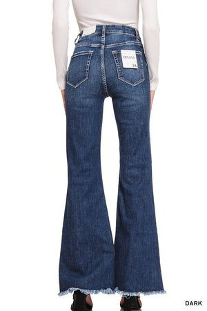 Zenana High Rise Bell Bottom Jeans With Frayed Hem In Dark Wash