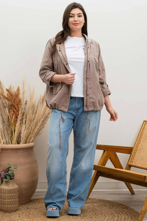 PLUS SNAP BUTTON ZIP UP HOODED JACKET: LIGHT OLIVE