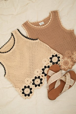Floral Trim Detailed Crocheted Sleveless Top