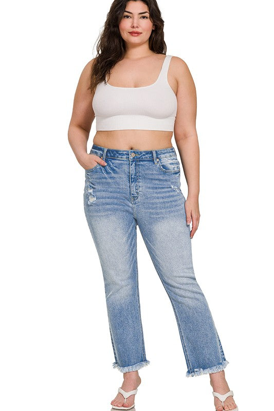 Zenana High Rise Straight Raw Hem Cropped Jeans