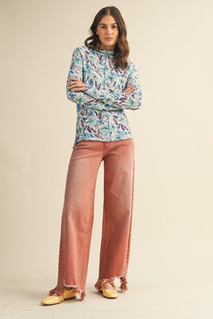 Blue Clear Skies Long Sleeve Floral Mesh Top