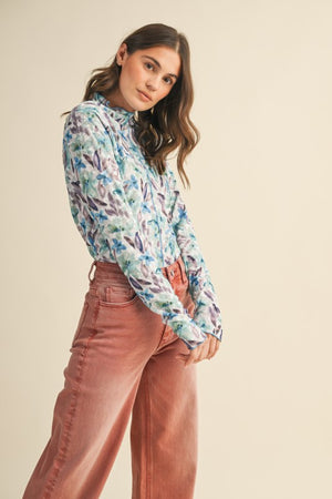 Blue Clear Skies Long Sleeve Floral Mesh Top