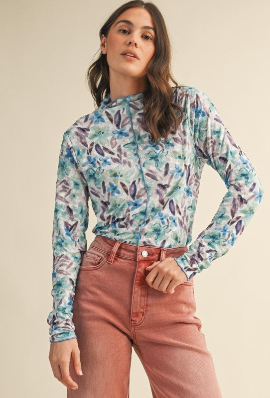 Blue Clear Skies Long Sleeve Floral Mesh Top