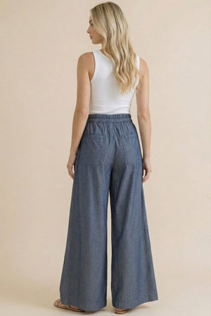 Dark Chambray Elastic Waist Wide Leg Pants