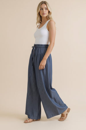 Dark Chambray Elastic Waist Wide Leg Pants