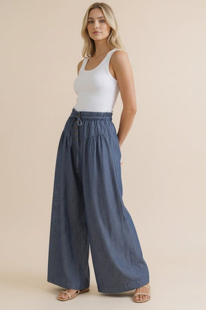 Dark Chambray Elastic Waist Wide Leg Pants