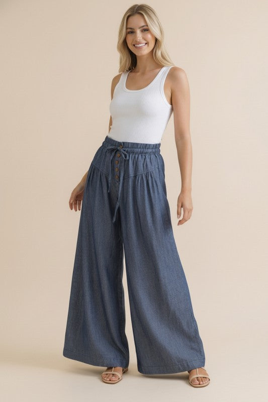 Dark Chambray Elastic Waist Wide Leg Pants