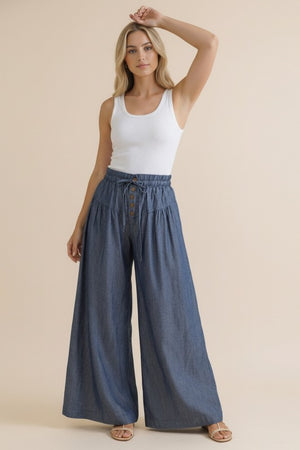 Dark Chambray Elastic Waist Wide Leg Pants
