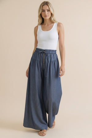 Dark Chambray Elastic Waist Wide Leg Pants