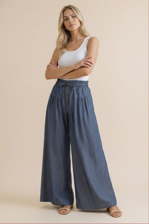 Dark Chambray Elastic Waist Wide Leg Pants