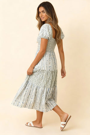 Square Neck Smocked Maxi Vintage Floral Dress